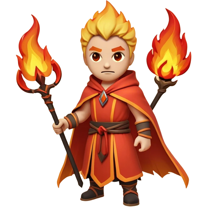 Clash of Clans aesthetic: Cinematic Ferocious Fire Mage Hero Emoji, rendered in a 3D vector-style similar to standard emojis with minimal shading and bold, simplified shapes. A compact, isometric figure draped in flowing, charred and ember-lined robes, wielding a fiery staff crackling with intense flames. Eyes burning with an infernal glow, exuding raw, untamed power. Simplified yet unmistakably iconic, highly detailed and consistent, glowing with a fiery, molten radiance and high shine. Stylized with a touch of menacing sorcery and a searing, ember-infused outline, capturing the essence of a wrathful mage ready to unleash devastating fire magic! emoji