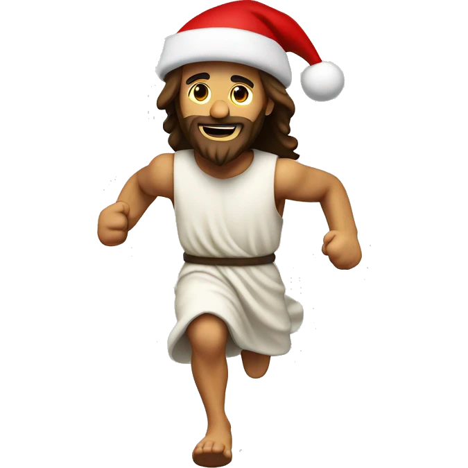 Jesus running, with a large stride and arms outstretched, santa hat emoji