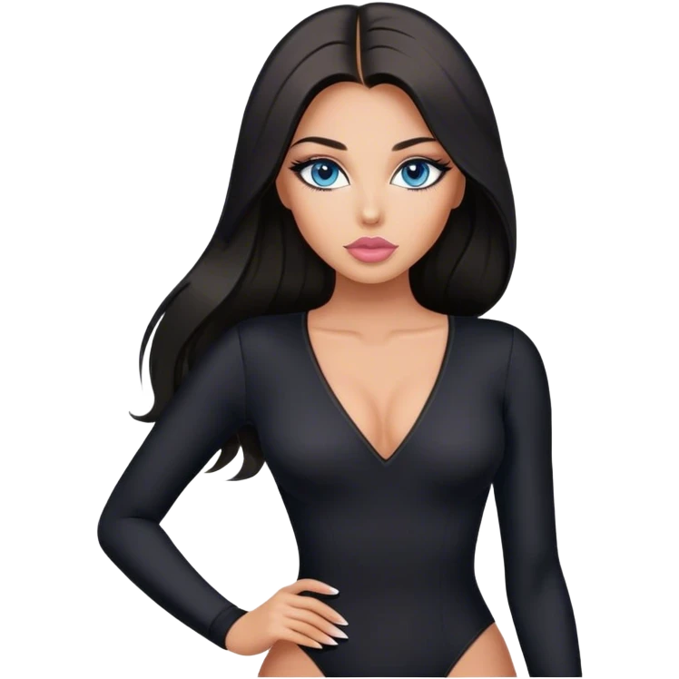 Glamours make-up, tanned, beautiful, girl, with blue eyes, big pump peach-beige-rose lips, eyeliner, long lashes, black straight smooth silky long hair, parting hair in the middle,  in black v-neck bodysuit long sleeves emoji