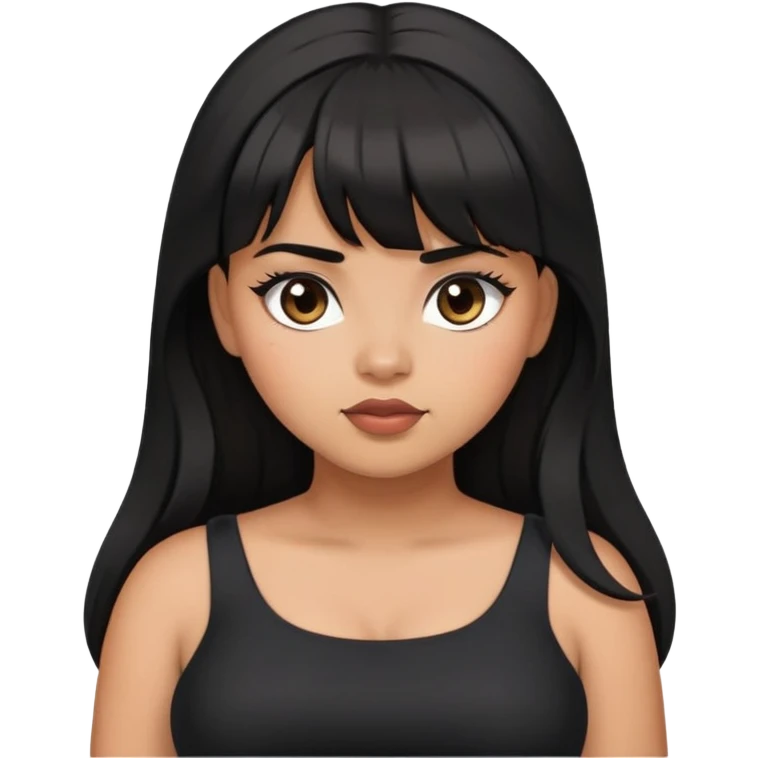 Latina girl with bangs black long hair in pony tail plus size black dress rolling eyes emoji