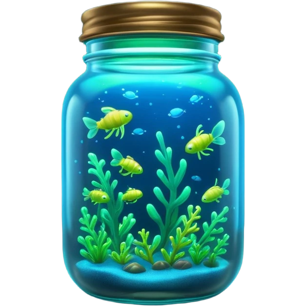 3D render of Firefly Jar, bioluminescent deep sea style, glowing neon blue and green lights, dark background to contrast the glow, translucent organic textures. emoji