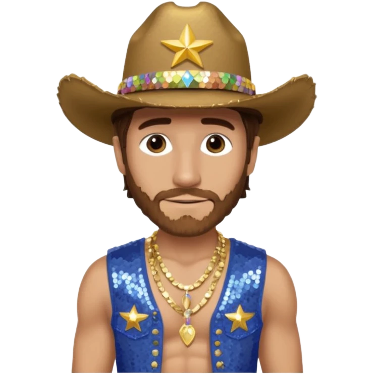 Jake Gyllenhaal with brown hair, periwinkle sequin cowboy hat, periwinkle sequin baggy pants, shirtless with necklace emoji