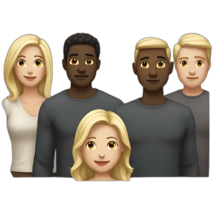 six dark-skinned men stand in a row behind a pale blonde woman emoji