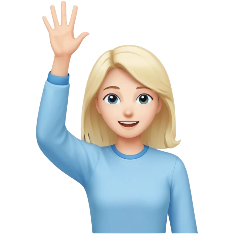 girl wearing pastel blue clothes with arms raised in excitement making a hurray celebration gesture emoji