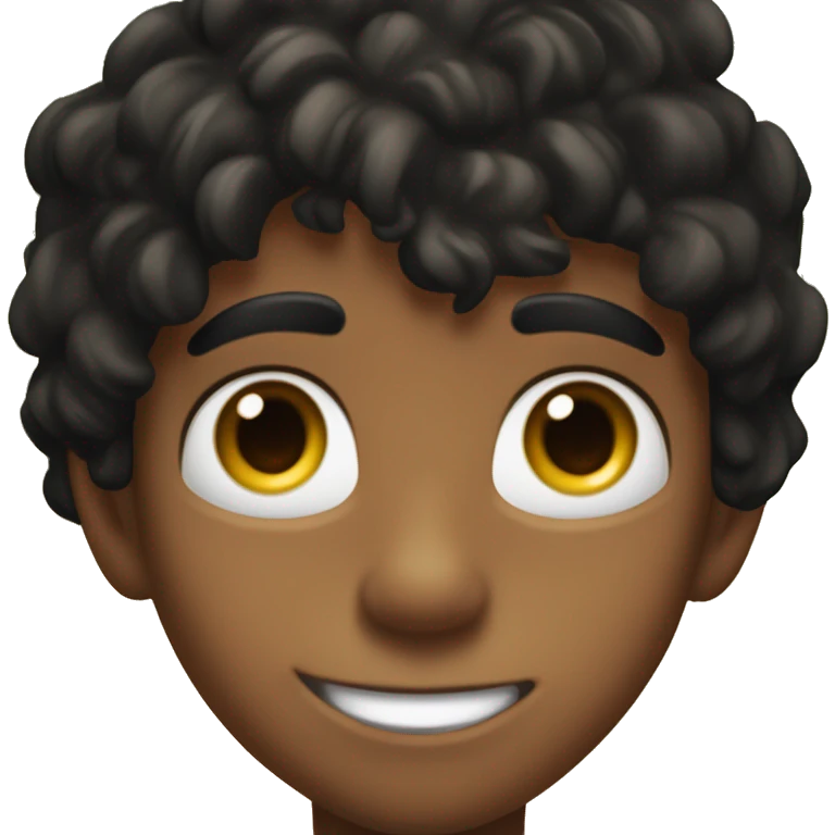 "Close-up of a young boy's face with tousled black hair, tanned skin, and big, expressive brown eyes full of curiosity. He has a playful smile and slight freckles, set against a blurred jungle background." emoji