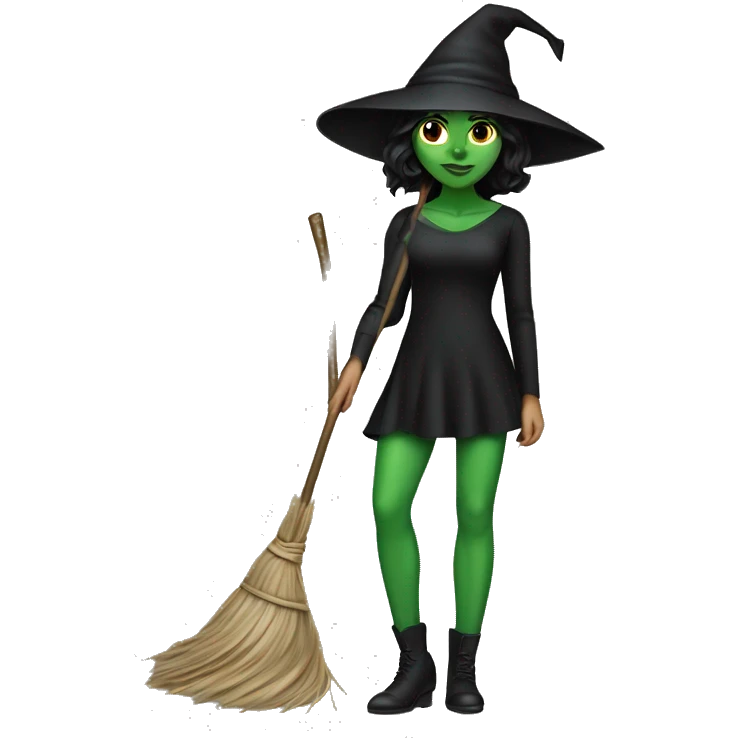 Woman with  striking green skin, dark hair, wears a black dress and a pointy hat  carries a broomstick, emoji