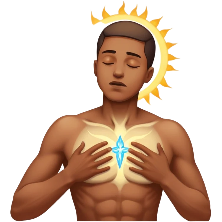 transition from a man with a spiritual pain on his chest growing up to a man with a soul glowing on his body representing his healed version karmically and using that energy to heal others emoji