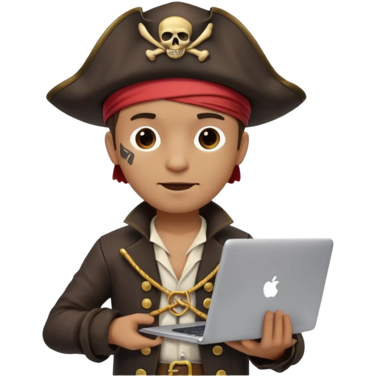 pirate standing with a laptop, dressed as a programmer, playful and clever expression, modern pirate hat, tech gadgets emoji