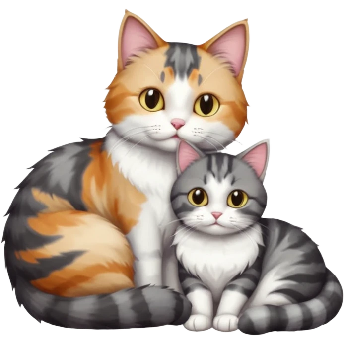 full body colourful light patched calico + white tabby cat cuddling a big dark grey and white tabby cat  emoji