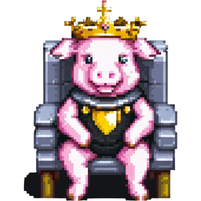 pixel art pig with a golden crown sitting on a throne, blocky and square like Minecraft, inspired by Technoblade emoji