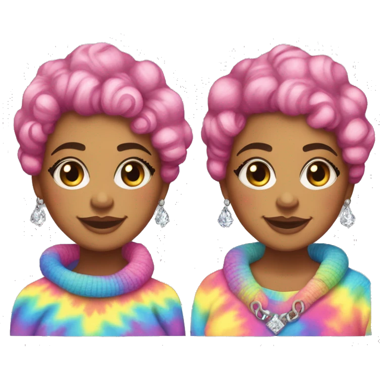 Plus size black woman with pink curly pixie cut hair and a rainbow tie dye sweater , and diamond stud earrings  emoji