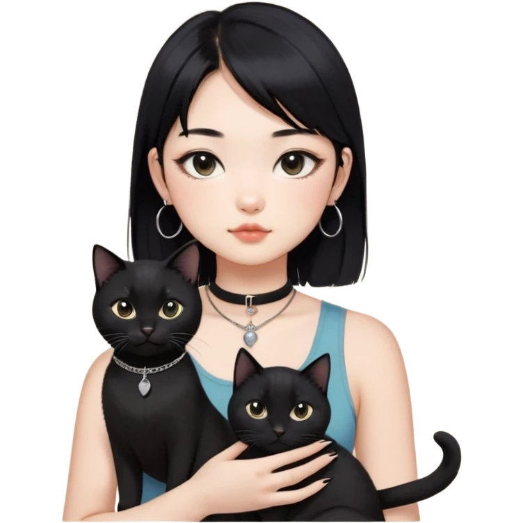 Asian cool girl, black hair, medium length.  Holding two BLACK cats. one cat has a round fat face, the other one has a slightly slimmer face. Both pure black.  The girl also wearing a black singlet, a black chocker, silver round hook earring, and wearing eyeliner.  emoji
