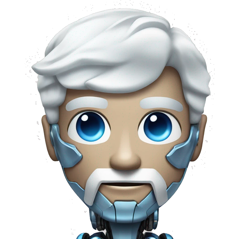 Bionic robot man muscly with white hair and beard and blue eyes flexing muscly arms  emoji
