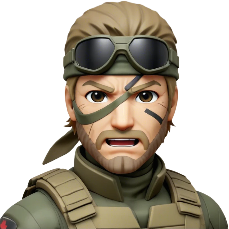 Cinematic Realistic Metal Gear Solid Snake Soldier Portrait, head tilted dramatically with an exaggeratedly amused expression, blending stealthy seriousness with a touch of unexpected humor. His rugged features, set against intricately detailed tactical gear in muted earth tones, are rendered with lifelike texture and dynamic lighting, high shine, dramatic yet whimsical, capturing the essence of a soldier whose epic covert skills are matched by a playful, irreverent spark. emoji