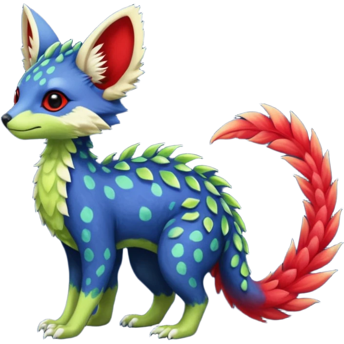 Feral Rare Fantasy vibrant tropical red and indigo and lime-collred Vernid-Trico-species-creature by LiLaiRa, random markings, tufted tail, tufted ears, full body emoji