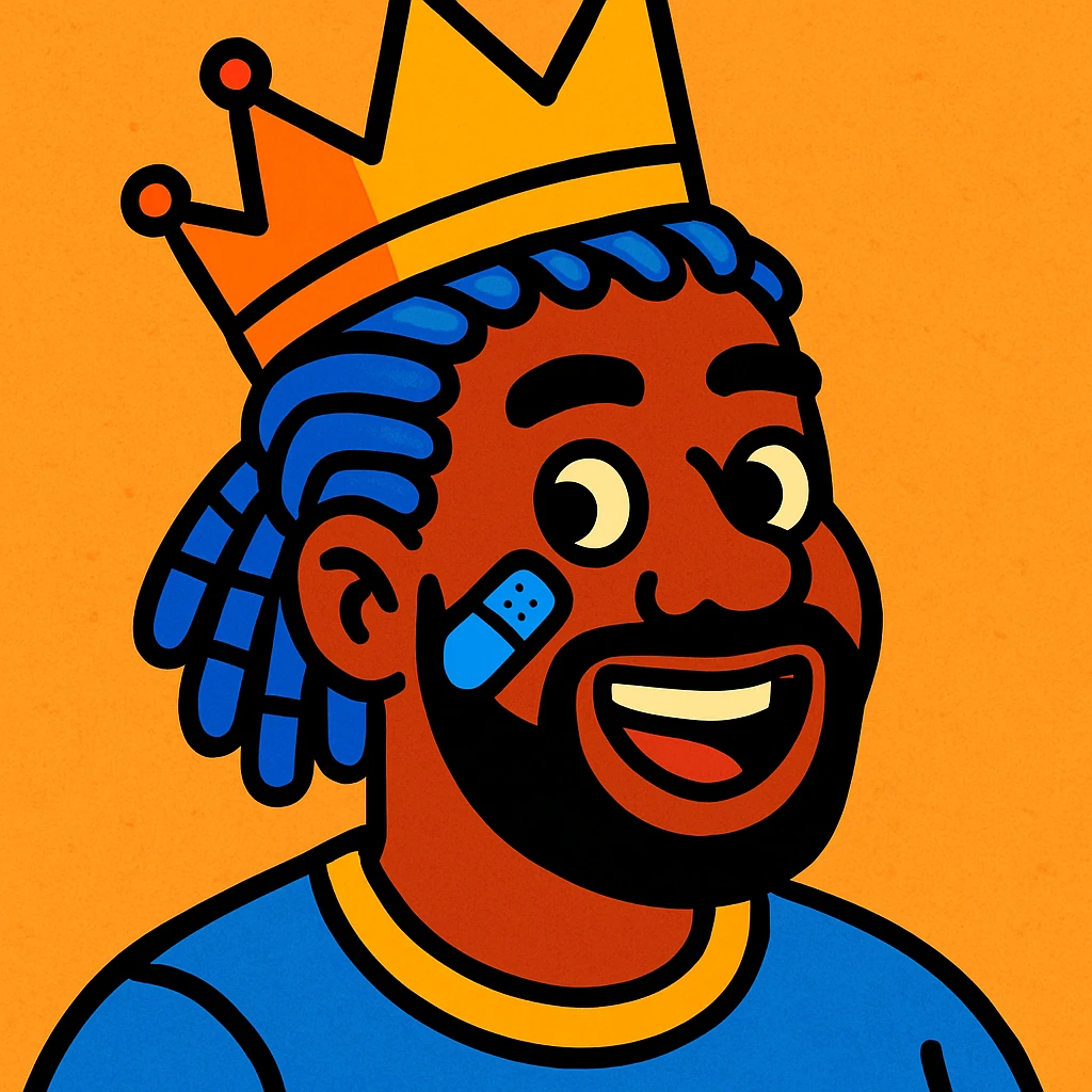 afro man, blue cornrows, crown, blue band-aid on cheek, vibrant and characterful, vibrant toon style emoji