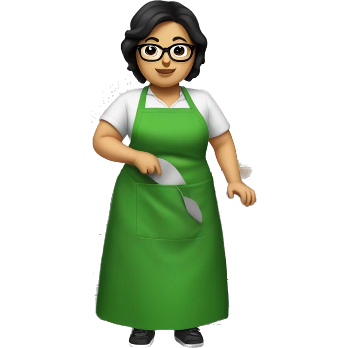 chubby lady with black hair green apron  with glasses cooking tacos emoji