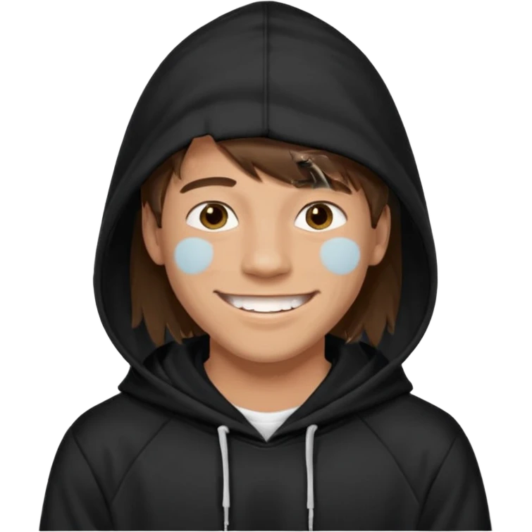 20 yr old man, brown hair, straight, big smile, white teeth, tanned skin, bangs, black hooded sweatshirt, long hair in back, center-parted bangs emoji