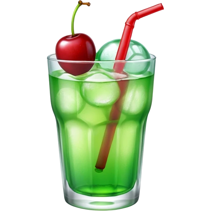 Create an emoji with a very clear rounded glass and ice, bright transparent green soda , a smooth vanilla scoop circle shape, a glossy red cherry, using vibrant colors, soft shading, and clear glass highlights.
 emoji