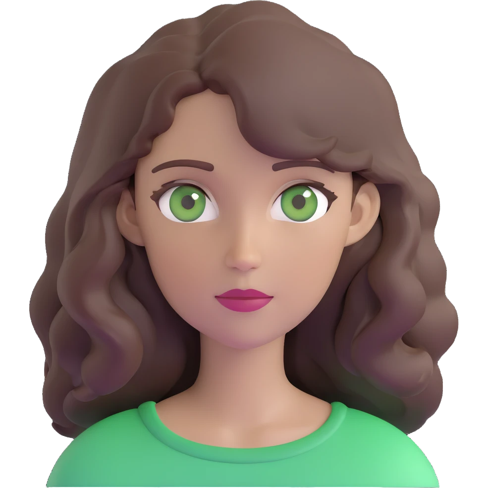 woman with wavy dark brown hair and green eyes, neutral expression emoji