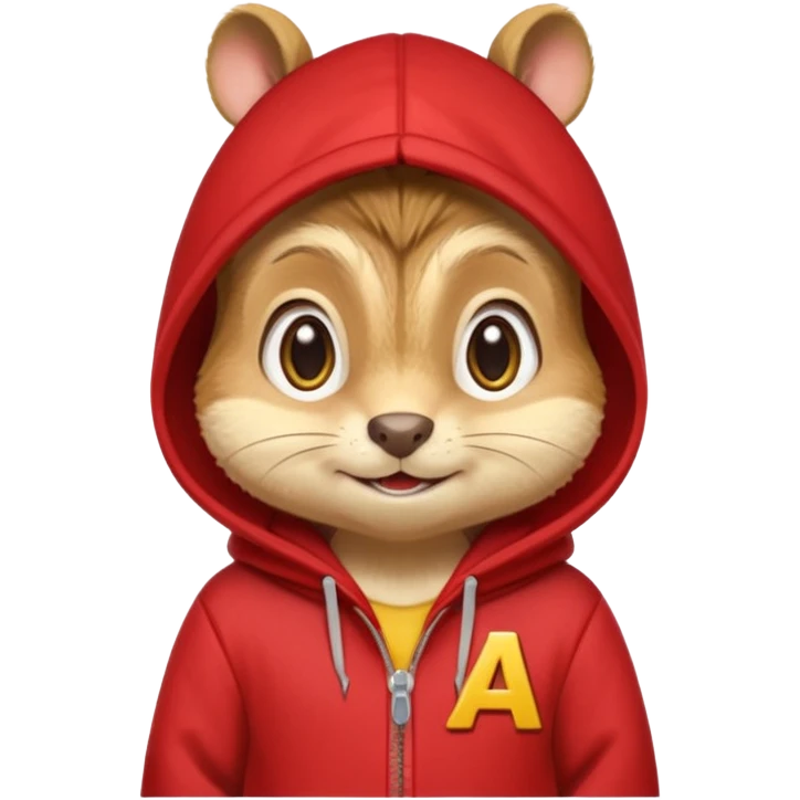 Portrait of a cute cartoon chipmunk with light brown and beige fur, wearing a red hoodie no zip with a yellow 'A' on it, big round eyes, small nose, and a mischievous grin, front-facing, stylized in animated movie style emoji