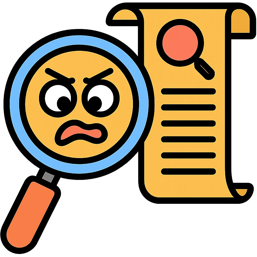 humorous icon of a magnifying glass looking at a long, embarrassing search history list emoji