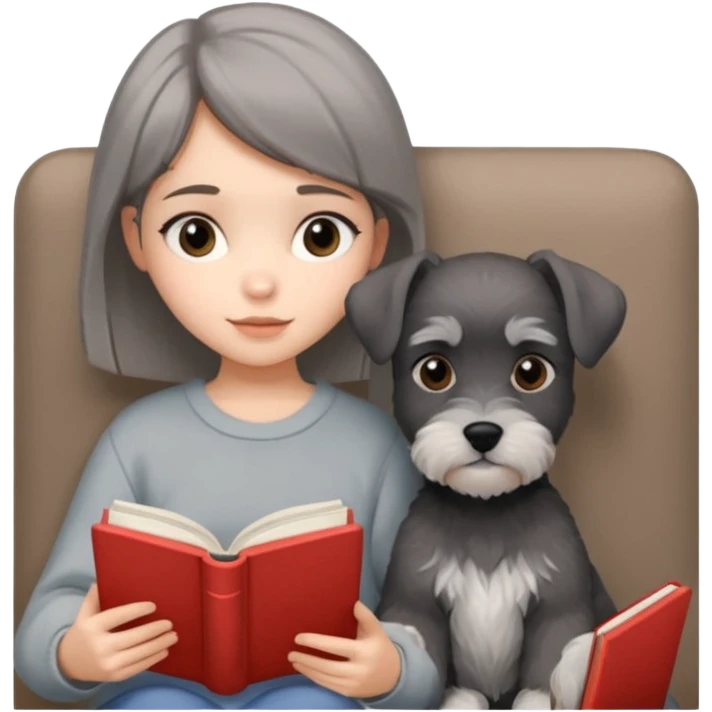 a girl reading a book with a cute male Schnauzer puppy beside her, cozy and relaxing mood, iPhone icon style, simple and clear, soft colors, minimal background emoji
