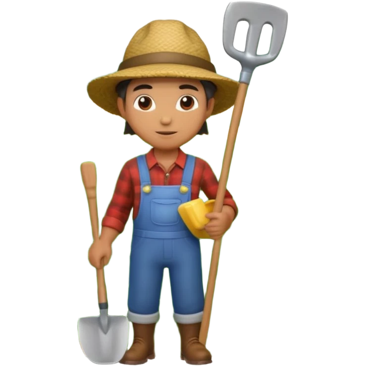 A 3D cartoon farmer standing in a green field with crops, wearing a hat and holding a shovel, bright sunlight, soft shadows, realistic Memoji-style rendering. emoji
