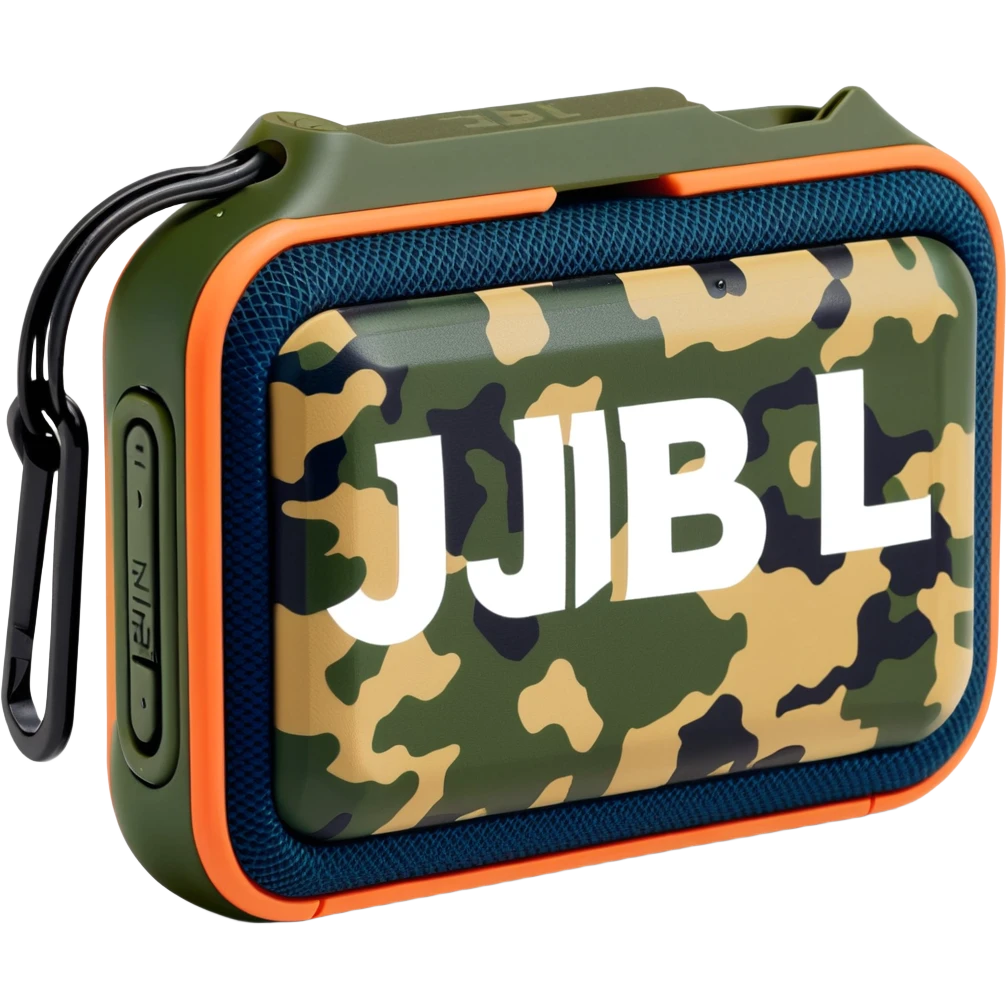 JBL Go Clip 4 portable speaker with camouflage colors and carabiner clip emoji