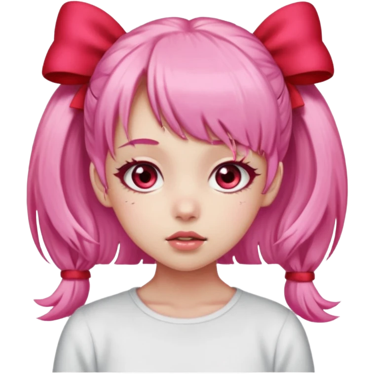 Faz uma garota de pele clara Seus olhos são grandes e rosa-avermelhados, sempre brilhantes e emotivos. O cabelo é rosa claro, preso em dois rabos de cavalo laterais com laços vermelhos, e sua franja é cheia, caindo sobre a testa de forma suave. emoji