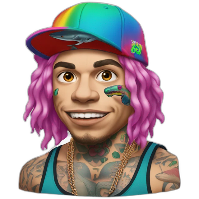 rapper 6ix9ine with face tattoos 69 with multi-colored hair  holds a double cap with a shark in his arms emoji