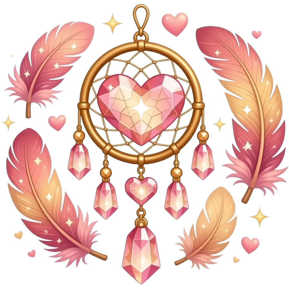 Reddish-pinkish and golden warm-colored romantic lush beautiful pretty hanging crystal-catcher aesthetic with hearts and sparkles and feathers emoji