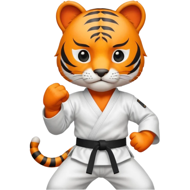 cute tiger doing karate portrait, head and shoulders only, wearing white gi uniform, black belt visible, fierce expression, 3D cartoon, mobile game icon style, clean background, no text, no watermark
 emoji