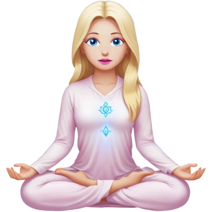 A cinematic realistic blonde with long hair, blue eyes, pink lips in white clothes meditates, her chakras glow emoji
