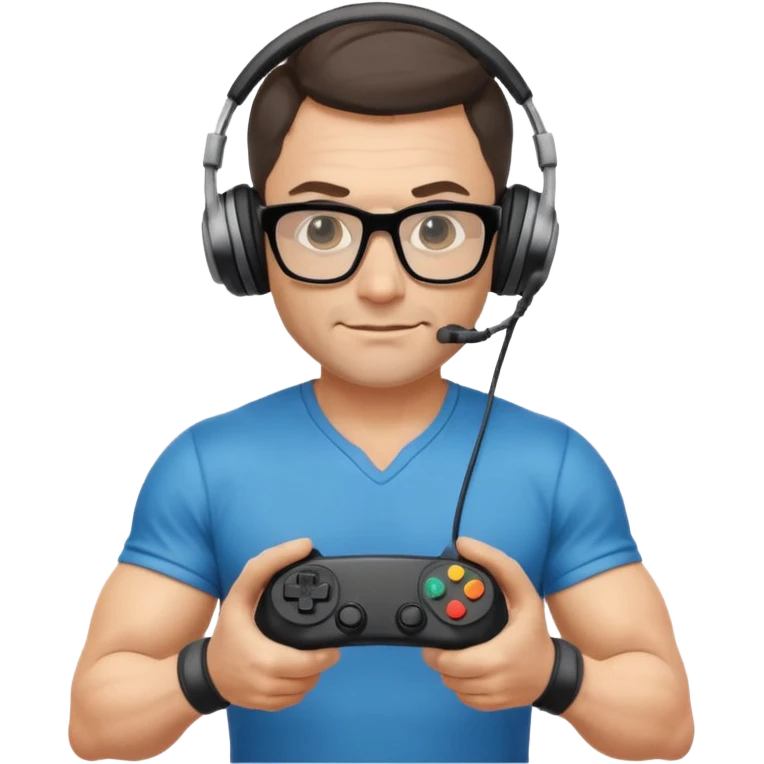 
gamer, Very fit muscular 40-year-old with youthful looks glasses, headphone, gamepad emoji