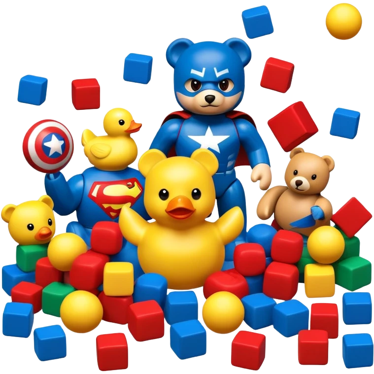 various colorful toys scattered together - teddy bear, rubber duck, toy blocks, ball, and action figures emoji
