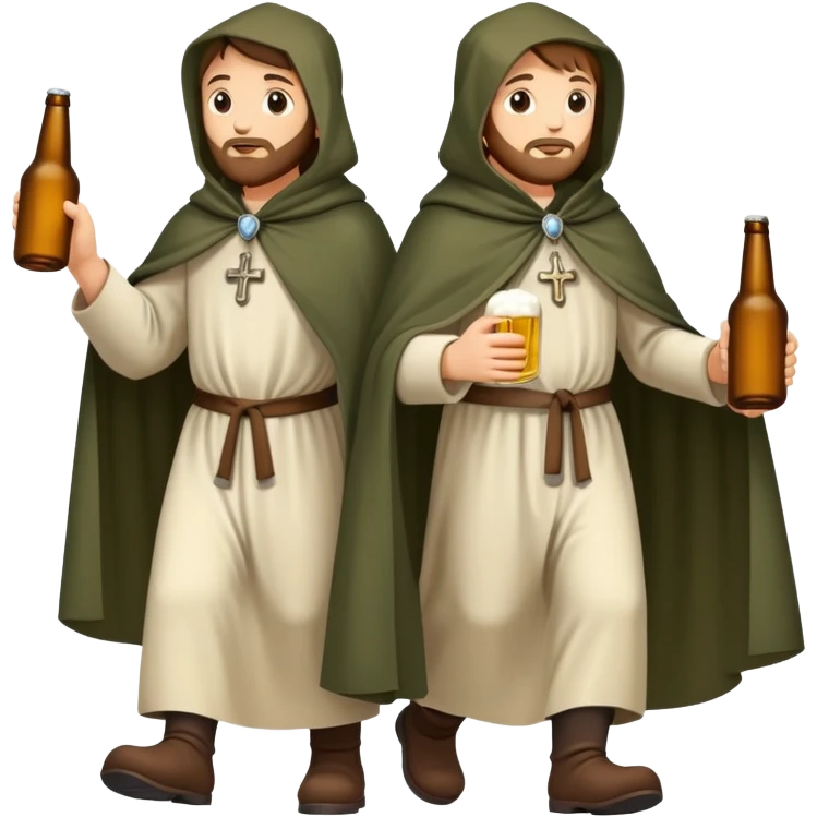medieval pilgrims walking on a journey path with cloaks and beer bottles emoji