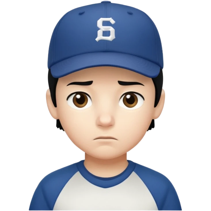 Gere um menino de cabelos preto e boné pro lado com feição séria emoji