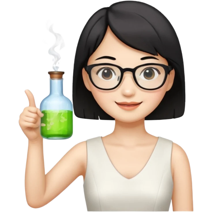asian teacher with a white dress holding a flask with retangle glasses and black short hand make her smile and point to the right with her other hand emoji