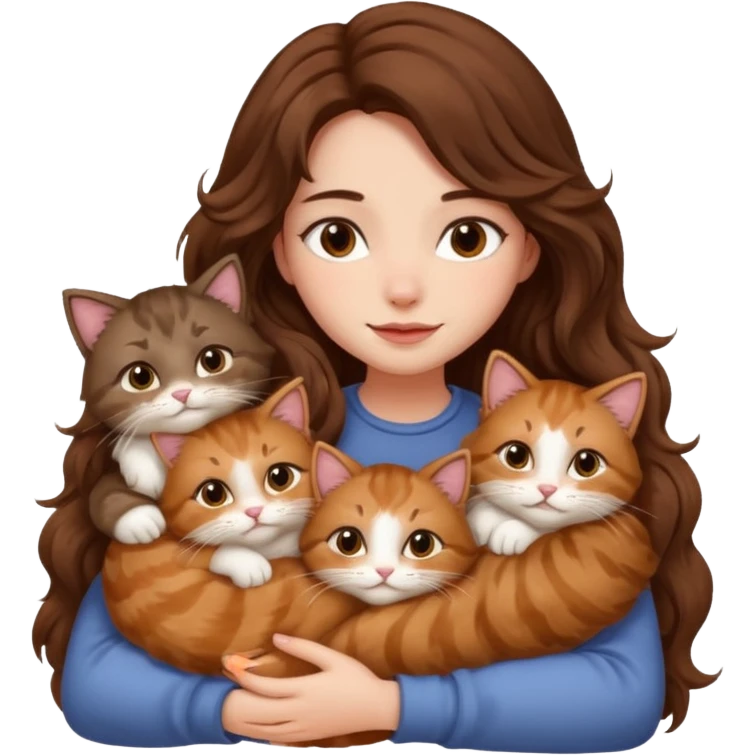 girl with long wavy brown hair snuggling 6 cats emoji