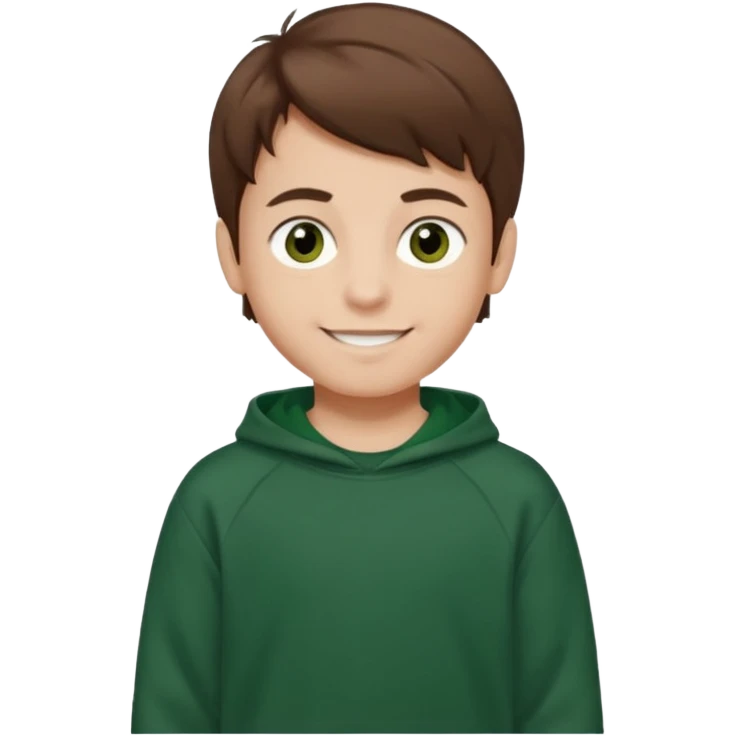 a smiling boy with brown hair and white skin with dark eyes and he is wearing a dark green sweatshirt emoji