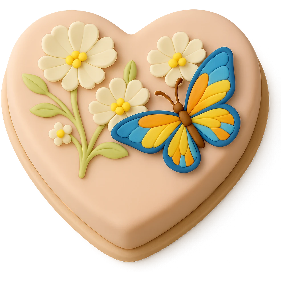 Make the butterfly smaller on the heart-shaped fondant cake with white flowers, fondant cake art style, keep transparent background. emoji