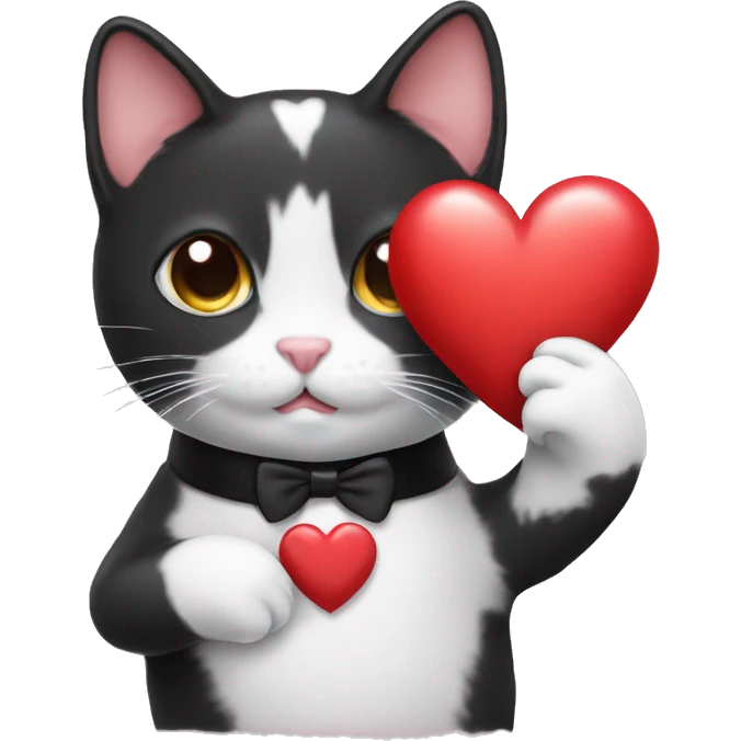 tuxedo cat holding a small heart emoji