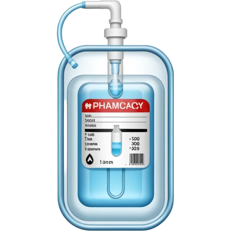 Hospira, BBraun, Hospital Intravenous fluid bag, 2 ports located on the bottom side, and is filled with 500ml, pharmacy label emoji
