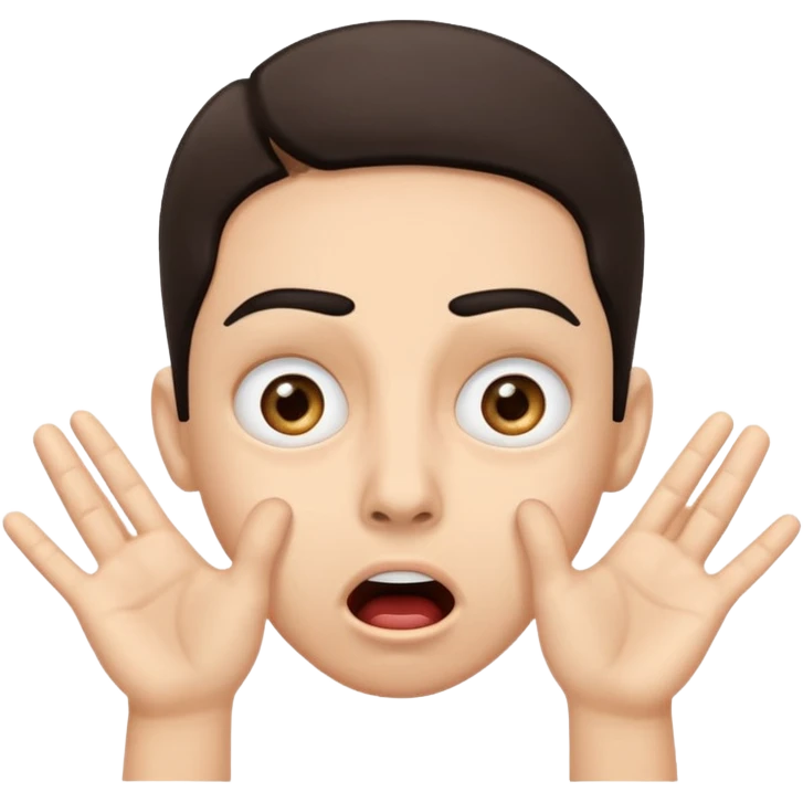 a shocked face, with their mouth and eyes are wide open, eyebrows  raised, and palms against his cheeks. emoji