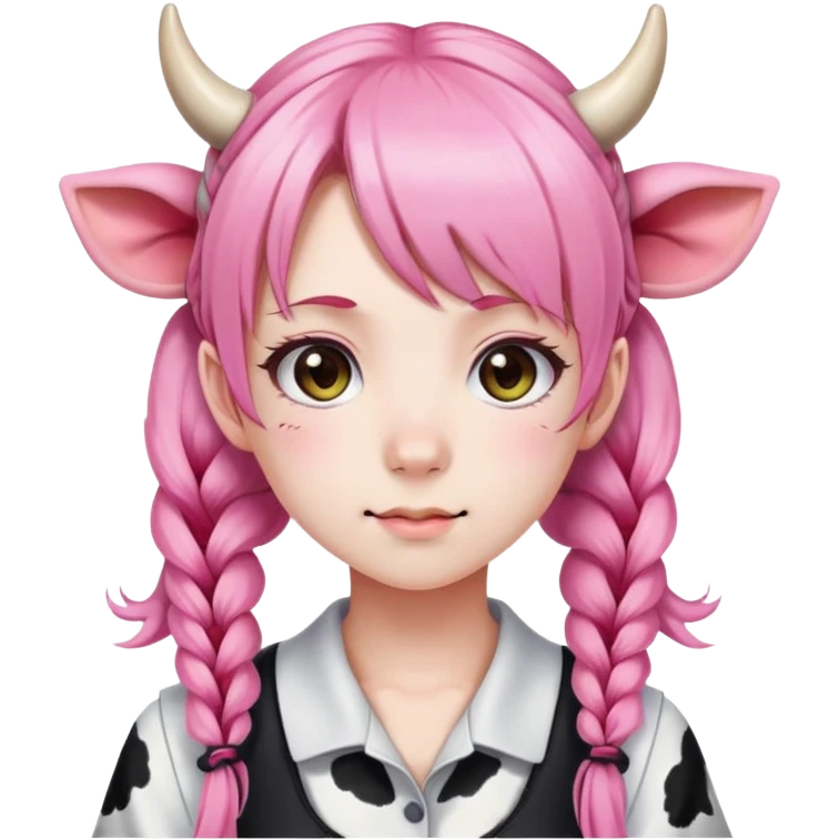 En anime-jente med rosa lange fletter, ku-horn og ku-ører emoji