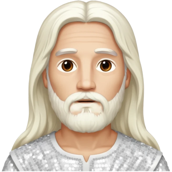 Jesus, Son of God from Gods and Goddesses with long white hair and beard, white sequin outfit emoji