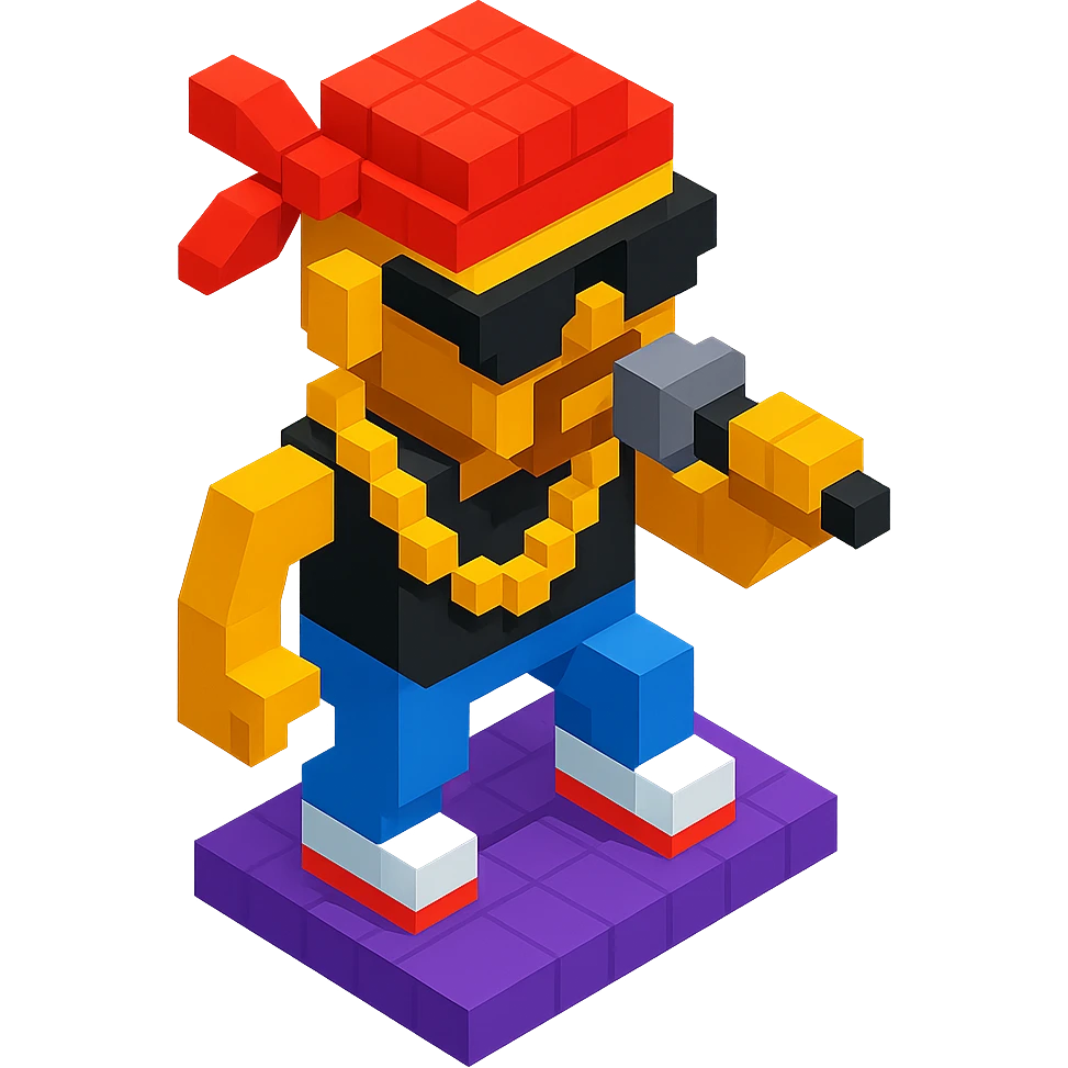 rapper inspired by 2Pac, performing on stage with gold chain and bandana, isometric view emoji
