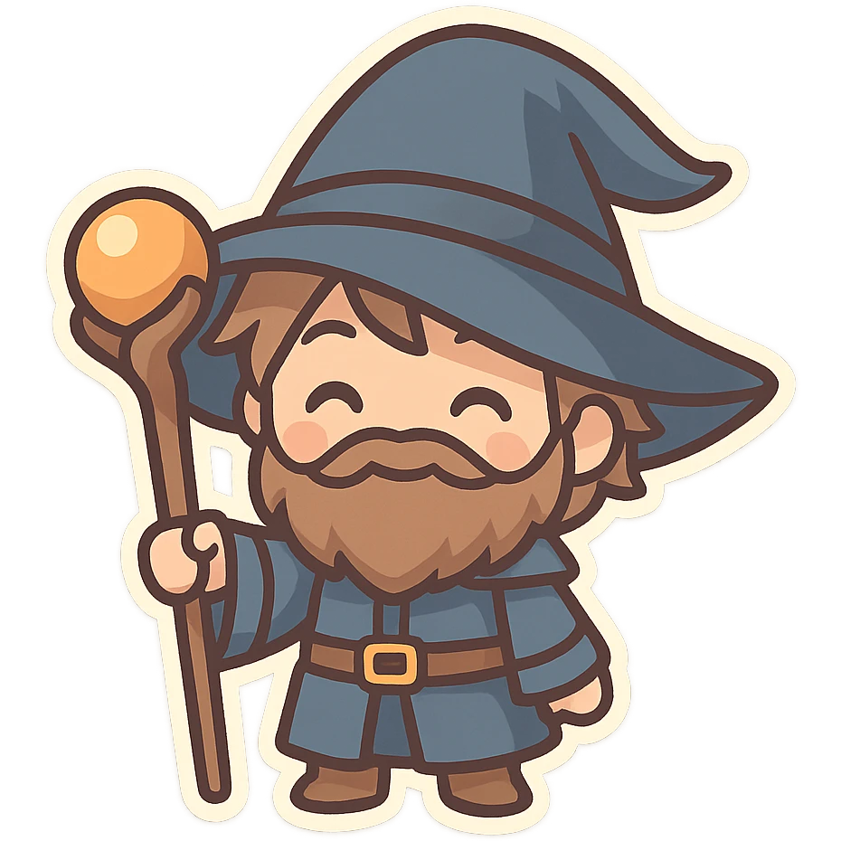 chibi style wizard with a big hat and staff, smiling emoji
