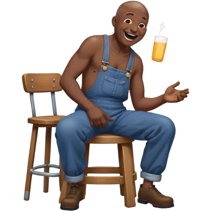 Side view Laughing telling story Old bald black man sitting on stool wearing overalls no shirt emoji